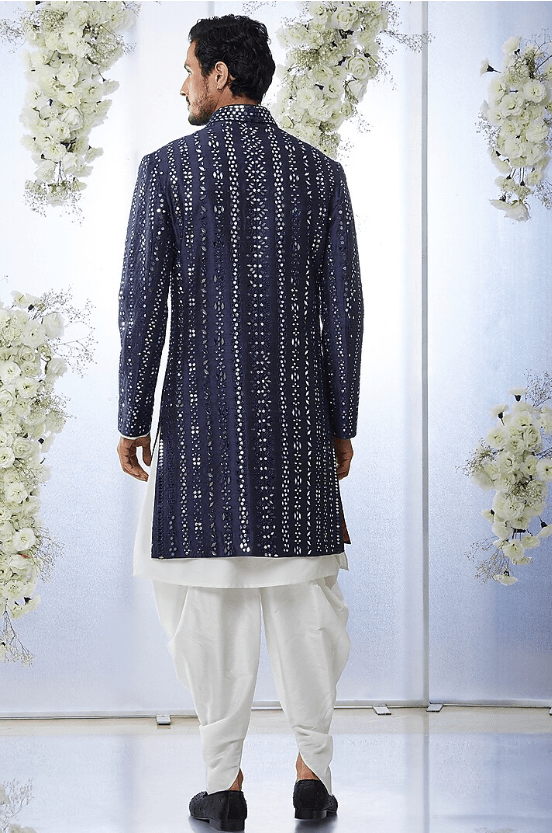 Midnight Blue Raw Silk Sherwani Set - Image 2