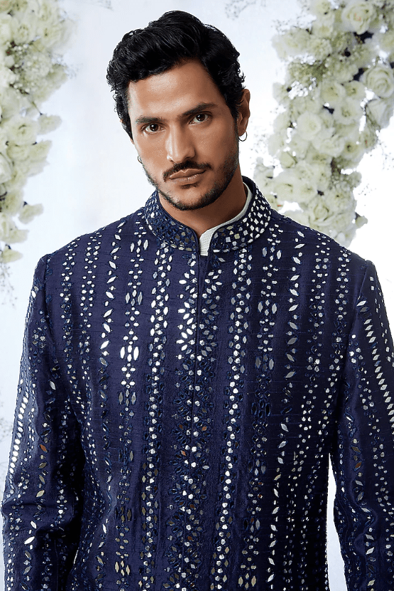 Midnight Blue Raw Silk Sherwani Set - Image 4