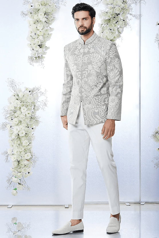Grey Raw Silk Bandhgala Set