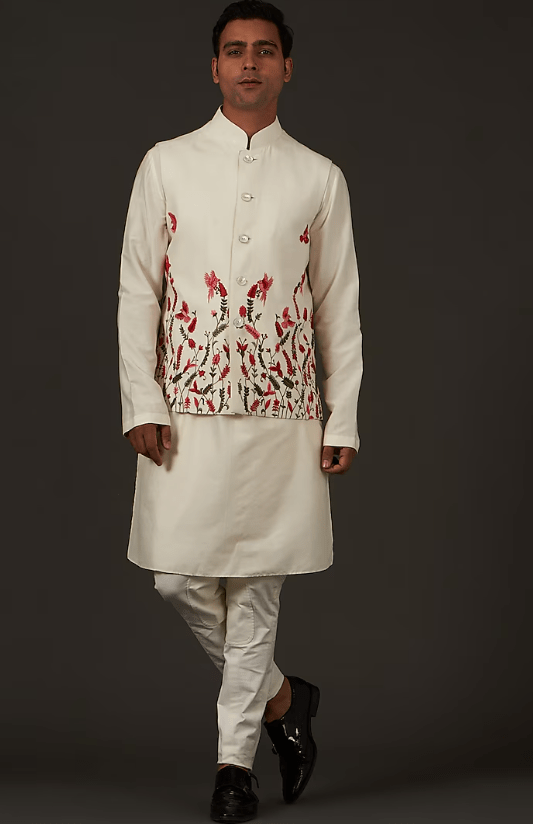Ivory Linen Resham Thread Embroidered Nehru Jacket