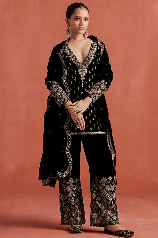 Black Silk Velvet Hand Embroidered Kurta Set