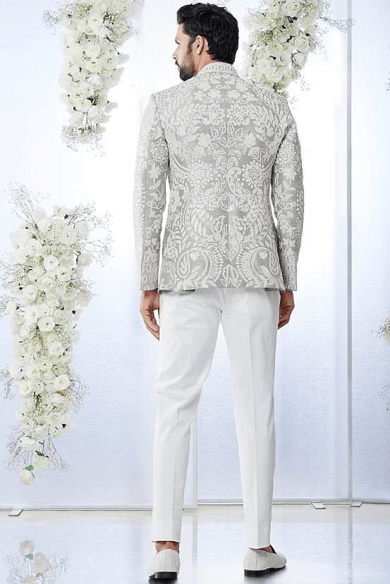 Grey Raw Silk Bandhgala Set - Image 2