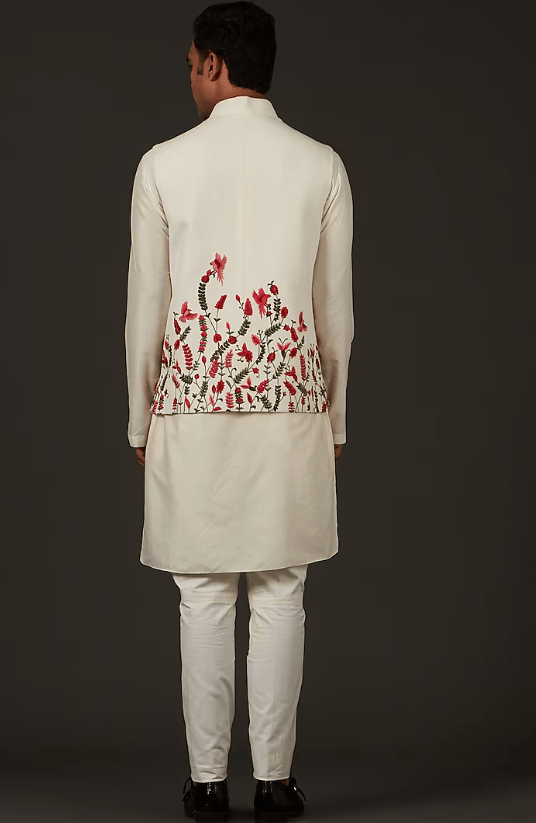 Ivory Linen Resham Thread Embroidered Nehru Jacket - Image 2