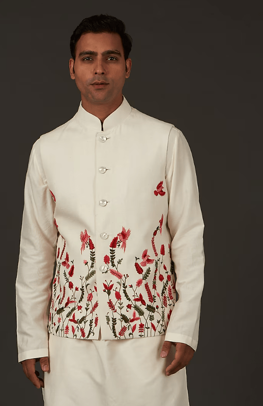 Ivory Linen Resham Thread Embroidered Nehru Jacket - Image 3