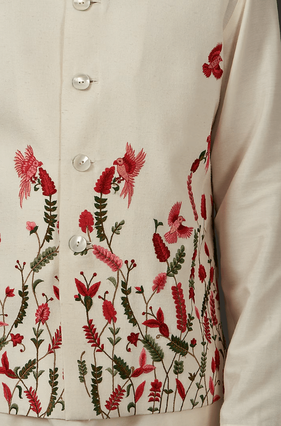 Ivory Linen Resham Thread Embroidered Nehru Jacket - Image 4
