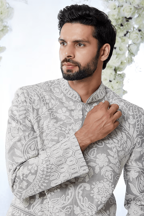 Grey Raw Silk Bandhgala Set - Image 4