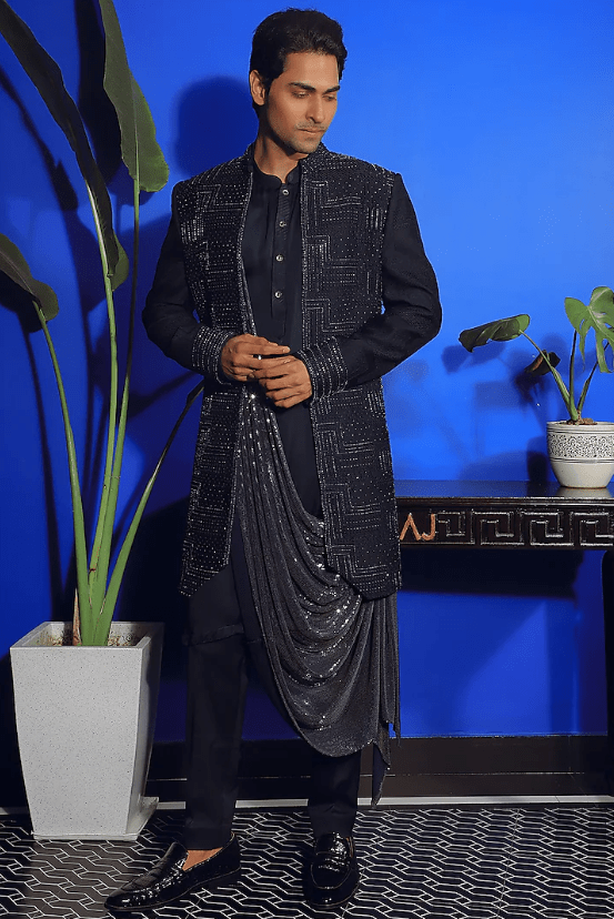 Prussian Blue Raw Silk Indowestern Jacket Set