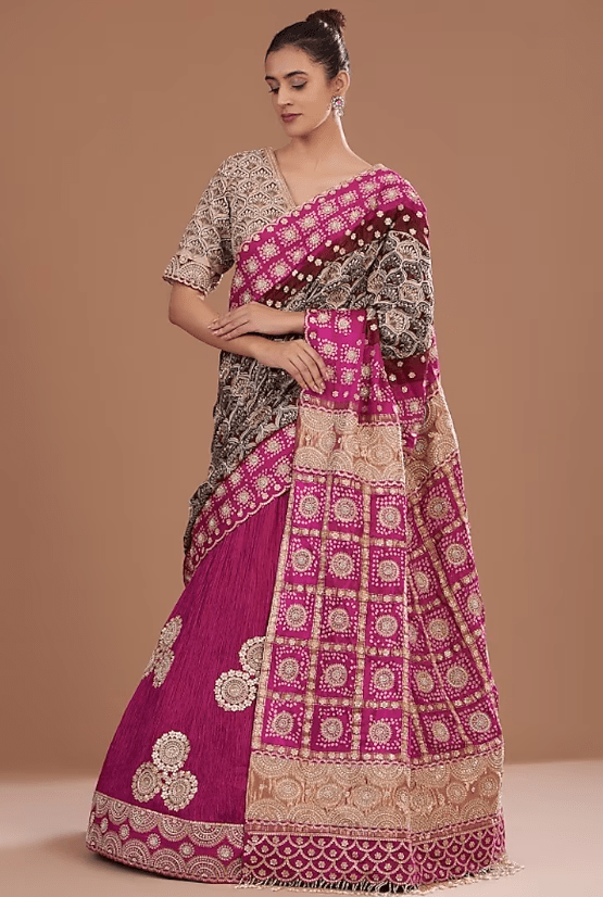 Magenta Silk Crushed Lehenga Set