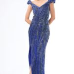 Electric Blue Crepe Bugle Bead Embroidered Gown