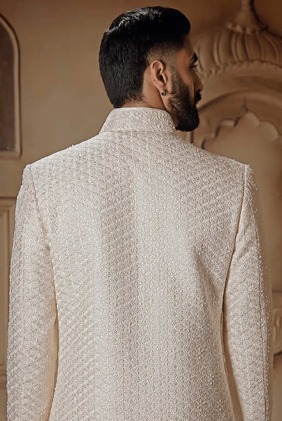 Pearl White Silk Digital Embroidered Sherwani Set - Image 2