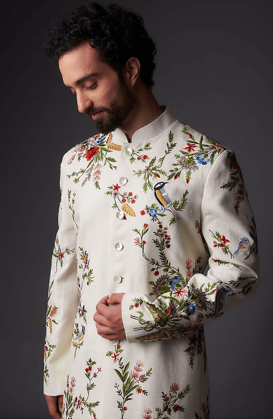 Ivory Matka Silk Resham Embroidered Sherwani - Image 3