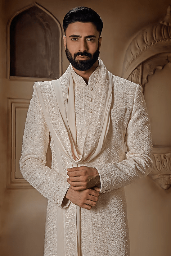 Pearl White Silk Digital Embroidered Sherwani Set - Image 4