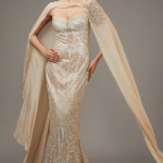 Gold Tulle Sequins Embroidered Gown With Jacket