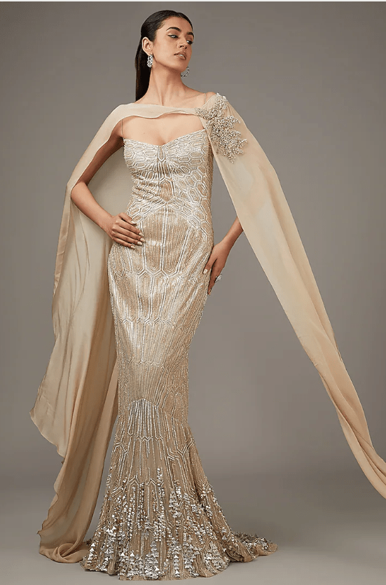 Gold Tulle Sequins Embroidered Gown With Jacket