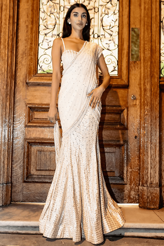 Ivory Georgette Mirror Embellished Fish-Cut Draped Saree Set