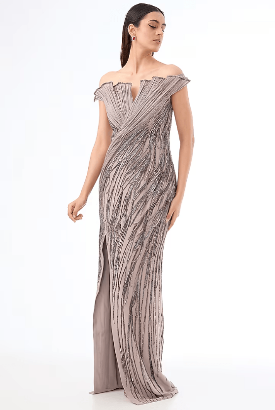 Dark Lavender Crepe Bugle Bead Embroidered Gown