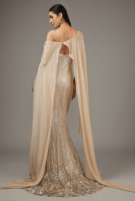 Gold Tulle Sequins Embroidered Gown With Jacket - Image 2