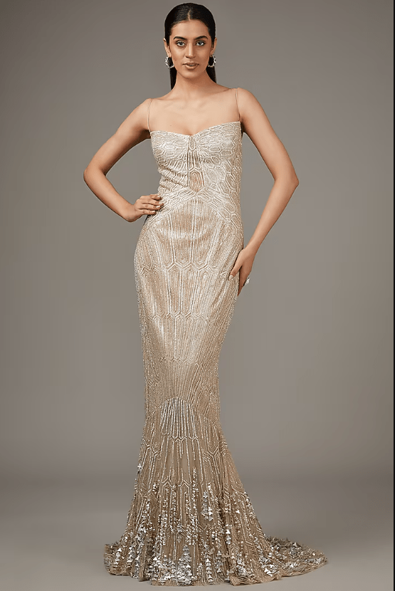 Gold Tulle Sequins Embroidered Gown With Jacket - Image 3