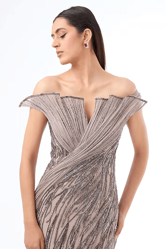 Dark Lavender Crepe Bugle Bead Embroidered Gown - Image 3