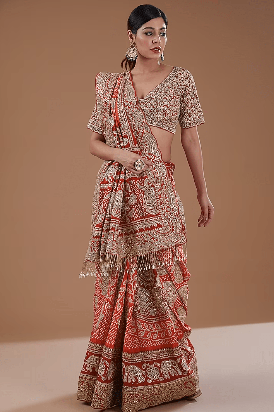 Red-Orange Silk Bandhani Saree Set