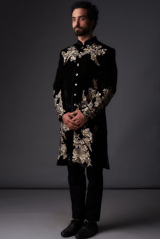 Black Chanderi Silk Gold Zari Embroidered Sherwani