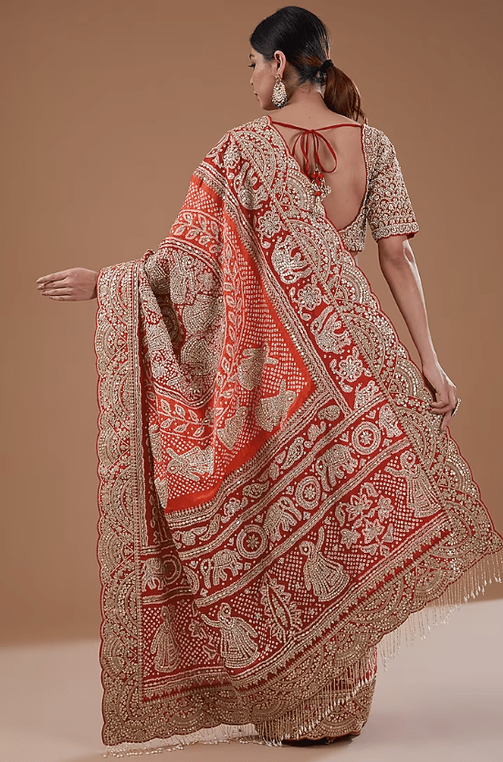 Red-Orange Silk Bandhani Saree Set - Image 2