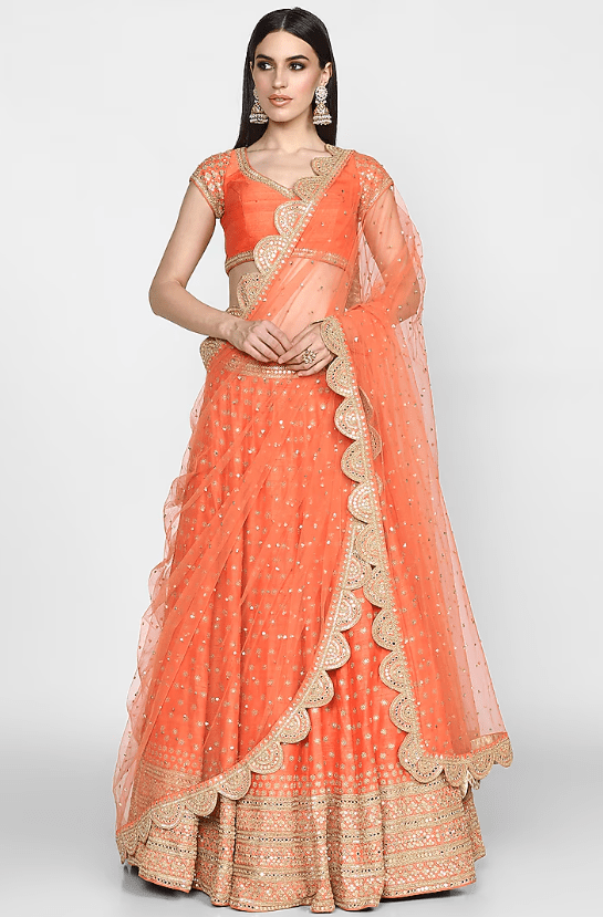 Orange Embroidered Lehenga Set