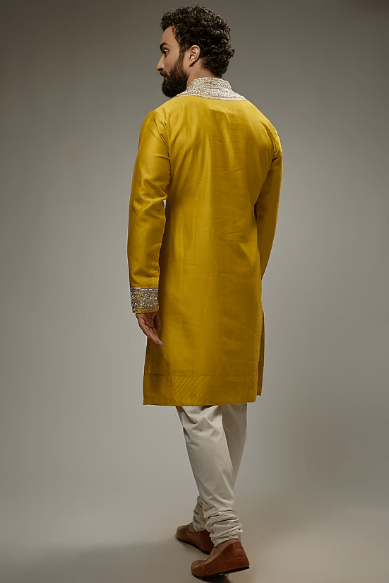 Yellow Silk Embroidered Kurta Set - Image 2