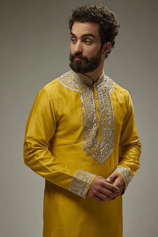 Yellow Silk Embroidered Kurta Set - Image 3