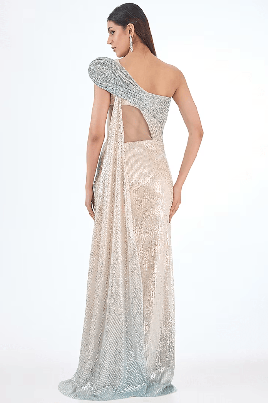 Opal Blue Sequins Sculpted Gown Saree - Image 2