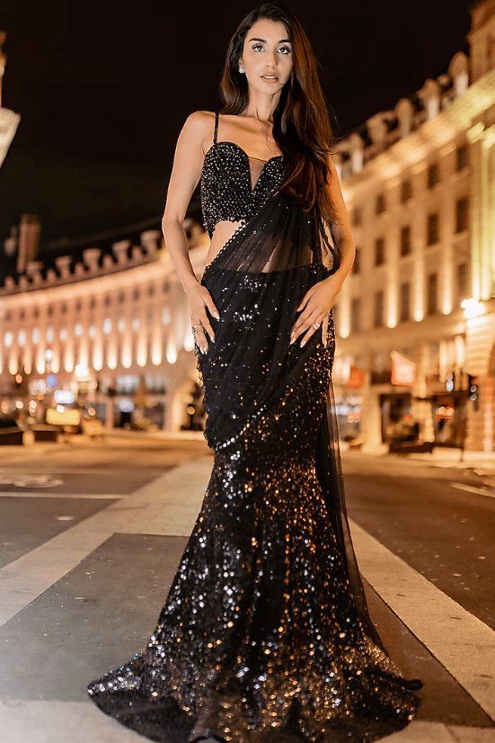 Black Georgette & Net Sequins Skirt Draped Saree Set