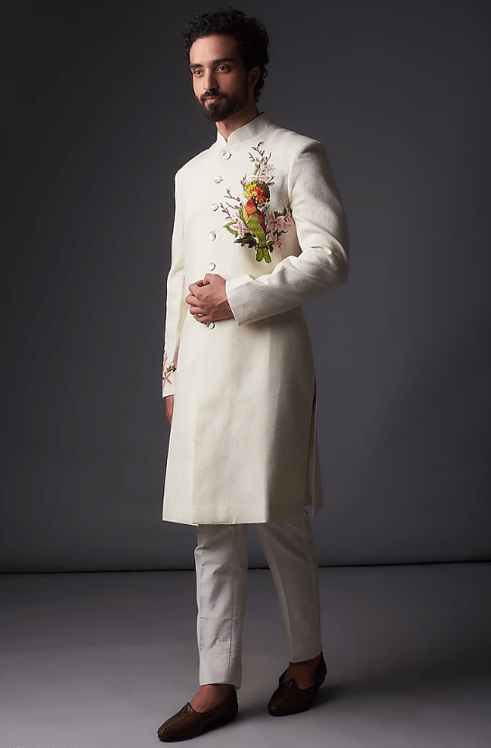Ivory Matka Silk Resham Embroidered Sherwani