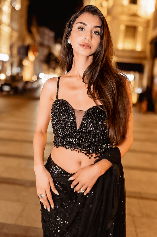 Black Georgette & Net Sequins Skirt Draped Saree Set - Image 3