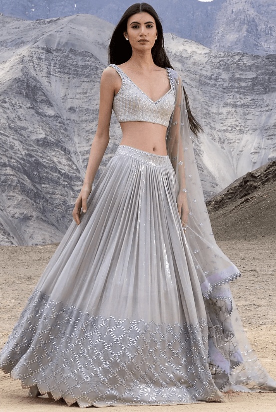 Grey Georgette Sequins Embroidered Lehenga Set