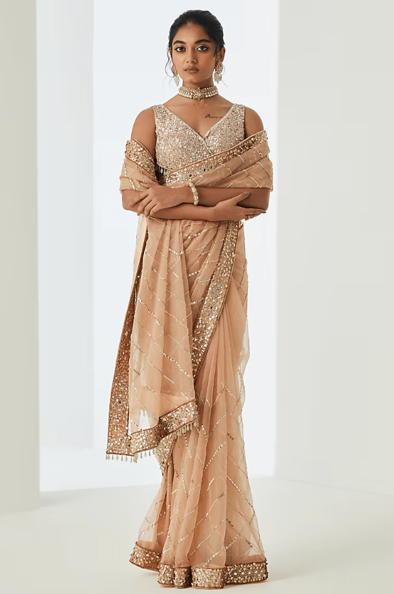 Deep Beige Organza Embellished Saree Set