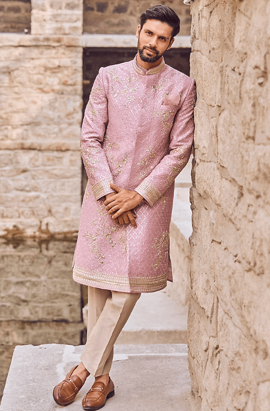 Lavender Raw Silk & Cotton Embroidered Sherwani Set