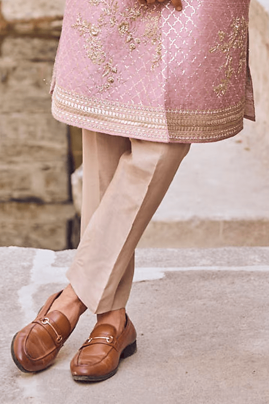 Lavender Raw Silk & Cotton Embroidered Sherwani Set - Image 3