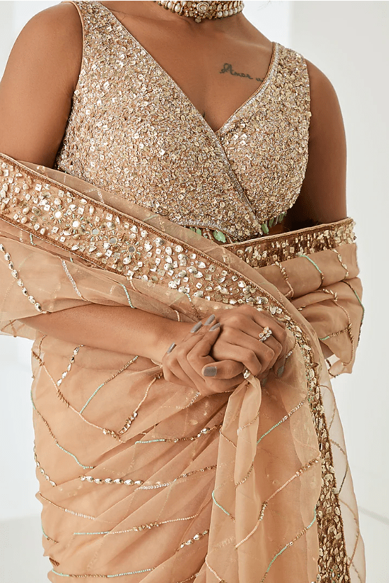 Deep Beige Organza Embellished Saree Set - Image 4