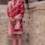 Red Raw Silk Embroidered Sherwani Set