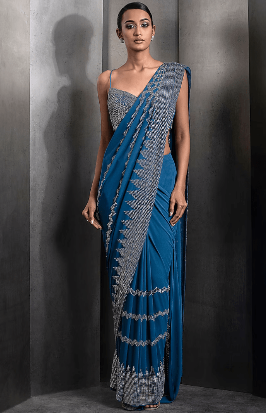 Galaxy Blue Silk Georgette Embroidered Pre-Stitched Saree Set