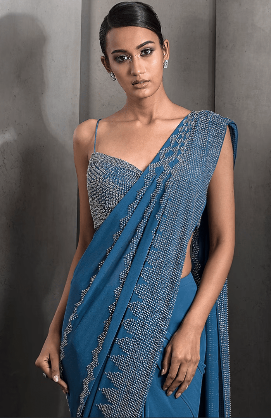 Galaxy Blue Silk Georgette Embroidered Pre-Stitched Saree Set - Image 3