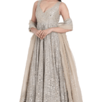 Moon Grey Chanderi Applique & Mirror Embroidered Anarkali Set