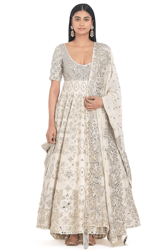 Ivory Chanderi Lurex & Mirror Embroidered Anarkali Set