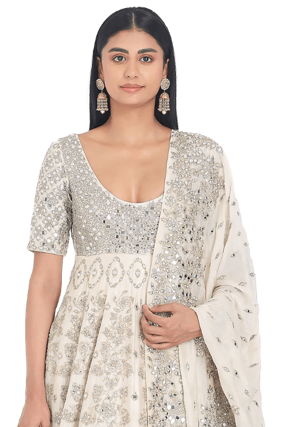 Ivory Chanderi Lurex & Mirror Embroidered Anarkali Set - Image 3