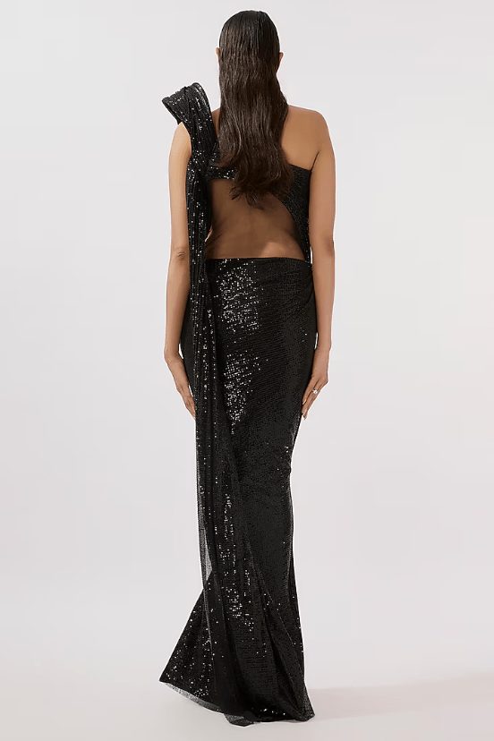 Black Sequins One Shoulder Gown Saree - Image 2