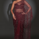 Maroon Tulle Embellished Draped Saree Set
