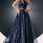 Blue Georgette Sequins One-Shoulder Gown