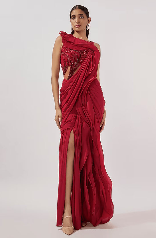 Lava Red Organza Bugle Bead Embroidered Ruffled Draped Gown Saree