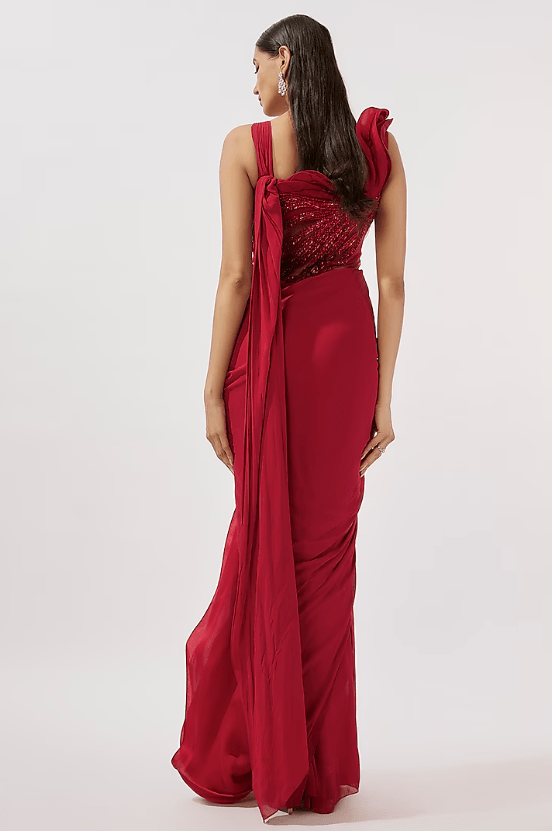 Lava Red Organza Bugle Bead Embroidered Ruffled Draped Gown Saree - Image 2