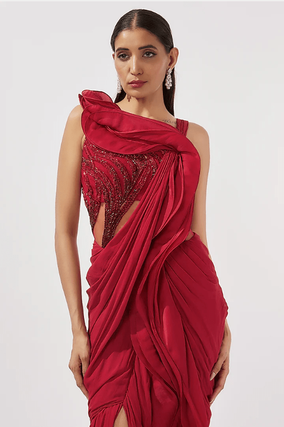 Lava Red Organza Bugle Bead Embroidered Ruffled Draped Gown Saree - Image 3